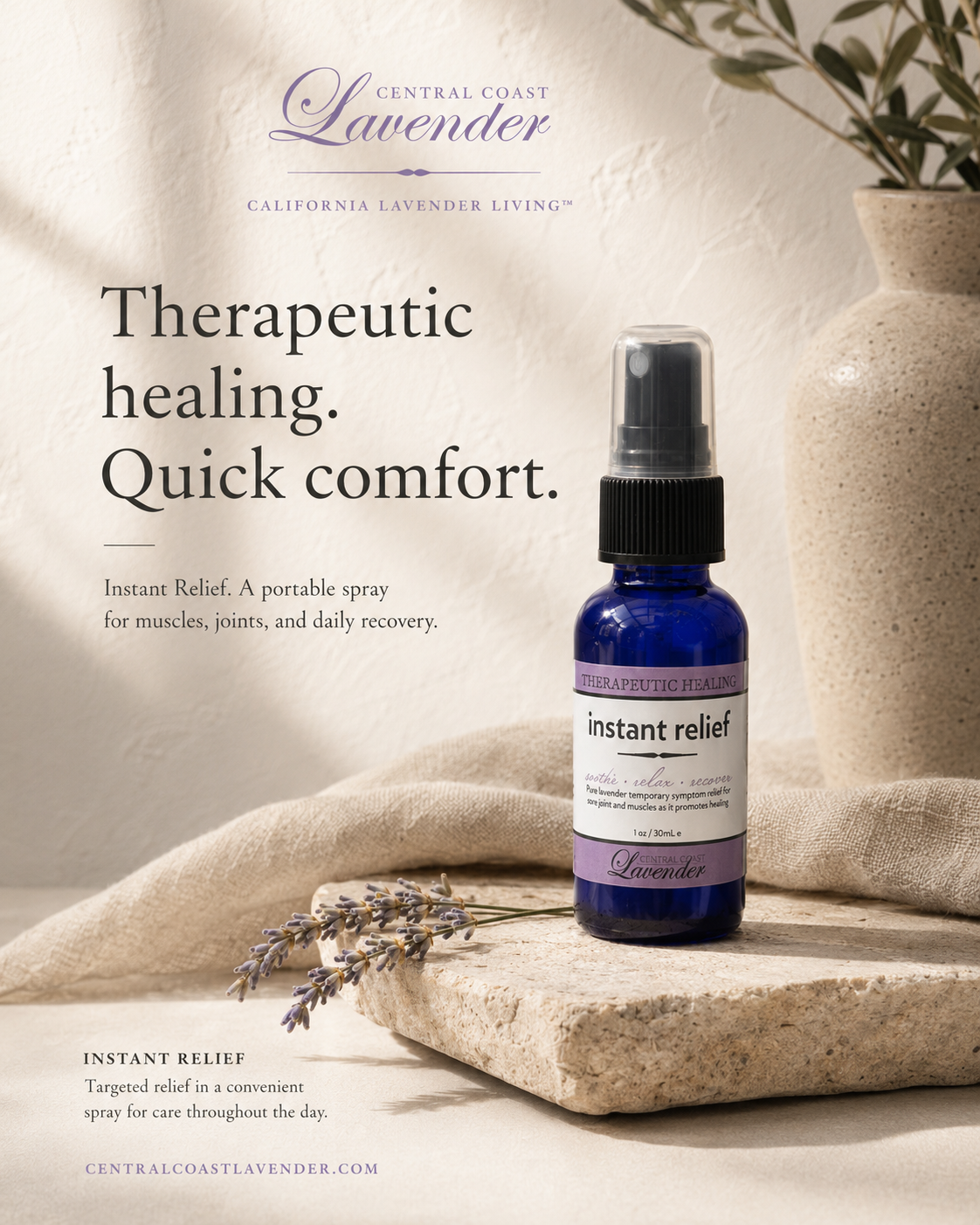 Central Coast Lavender Instant Relief spray bottle on stone with lavender sprigs