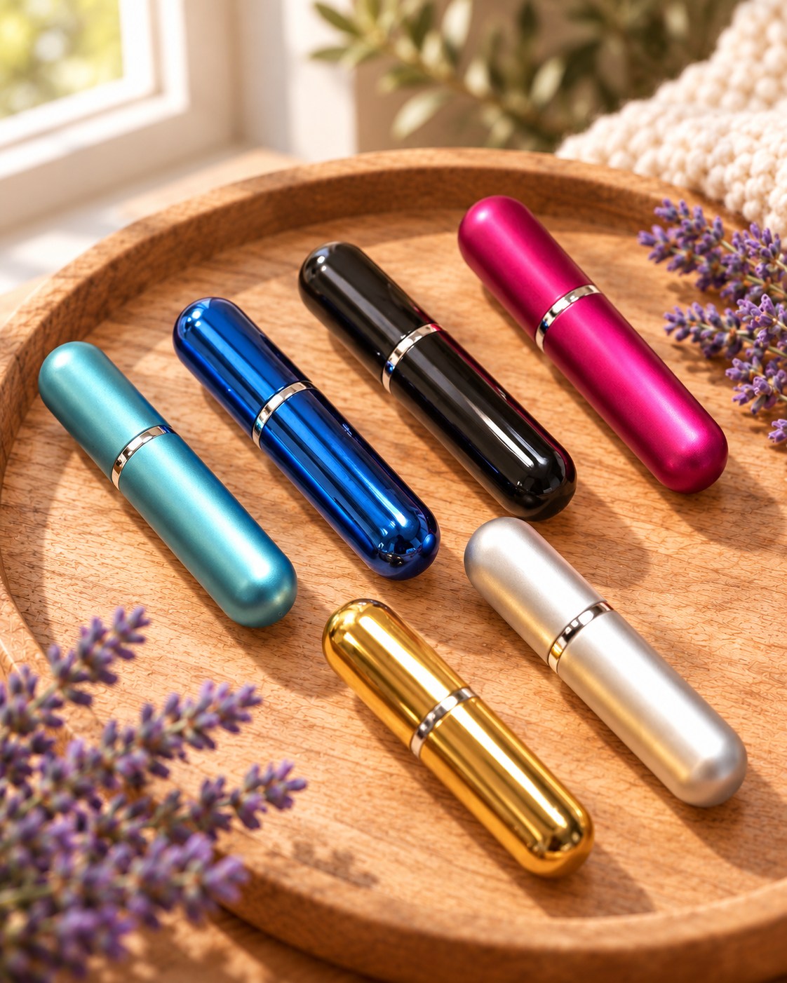 Six refillable aromatherapy inhaler color options on a sunlit wooden tray; sold individually