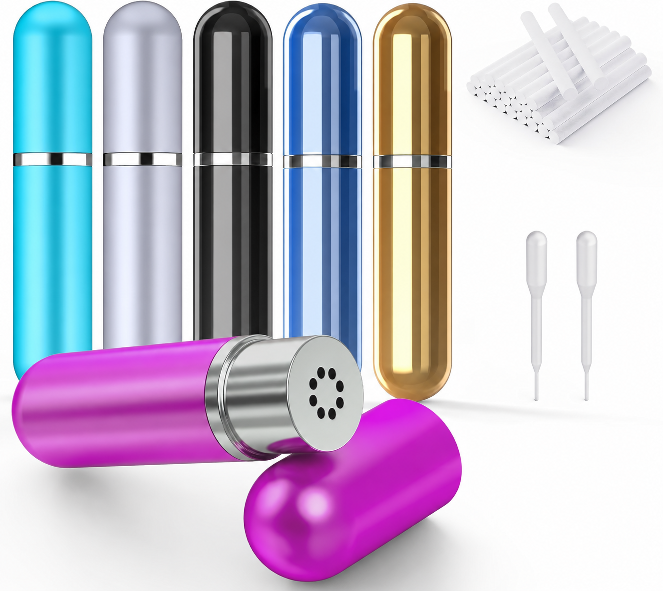 Blue, Silver, Black, Mazarine Blue, Gold and Pink refillable inhalers; sold individually.
