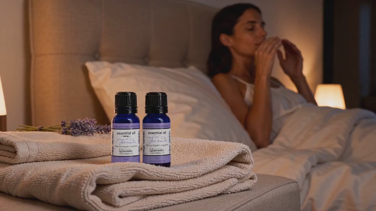 Load and play video in Gallery viewer, Woman rubbing essential oil on temples bed
